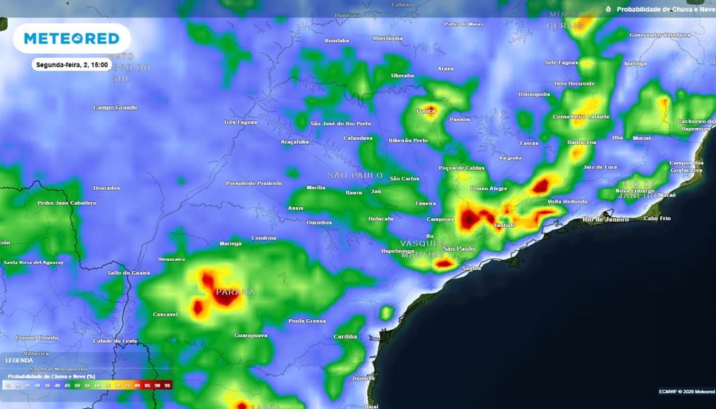 Previsão da probabilidade de precipitação (%) para segunda-feira (2 de novembro) às 15h, segundo o modelo europeu ECMWF.