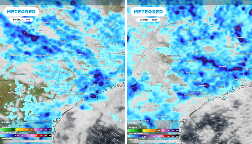 Previsão de chuva (mm) para sábado (31) às 15h à esquerda e para domingo (1º de novembro) às 16h, segundo o modelo europeu ECMWF.
