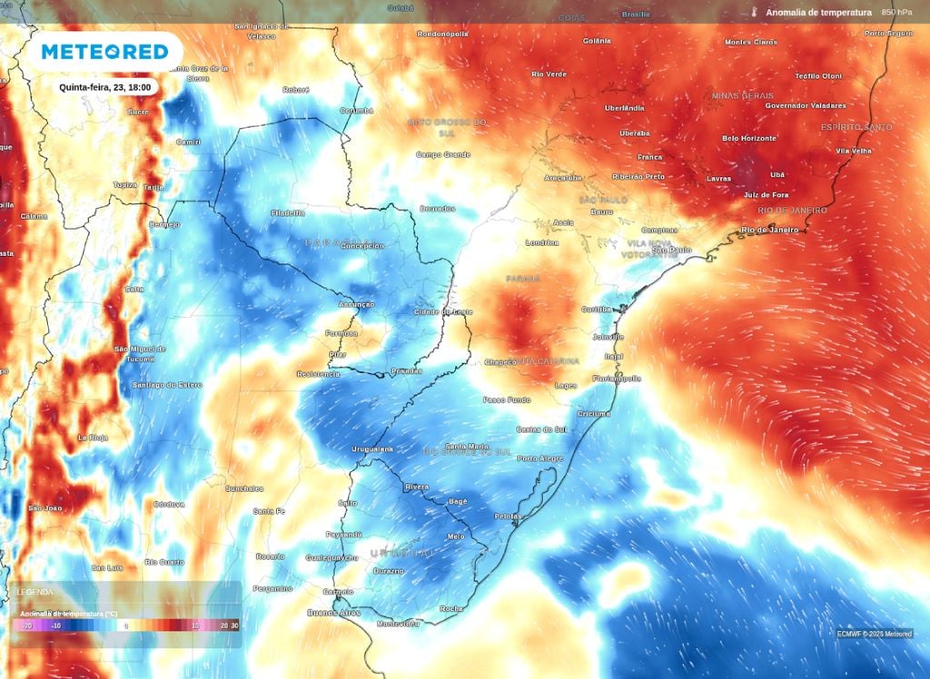 Anomalia de temperatura em 850 hPa. A previsão é da presença de ar frio que diminui as temperaturas nos próximos dias após o avanço da frente fria sobre a Região Sul.