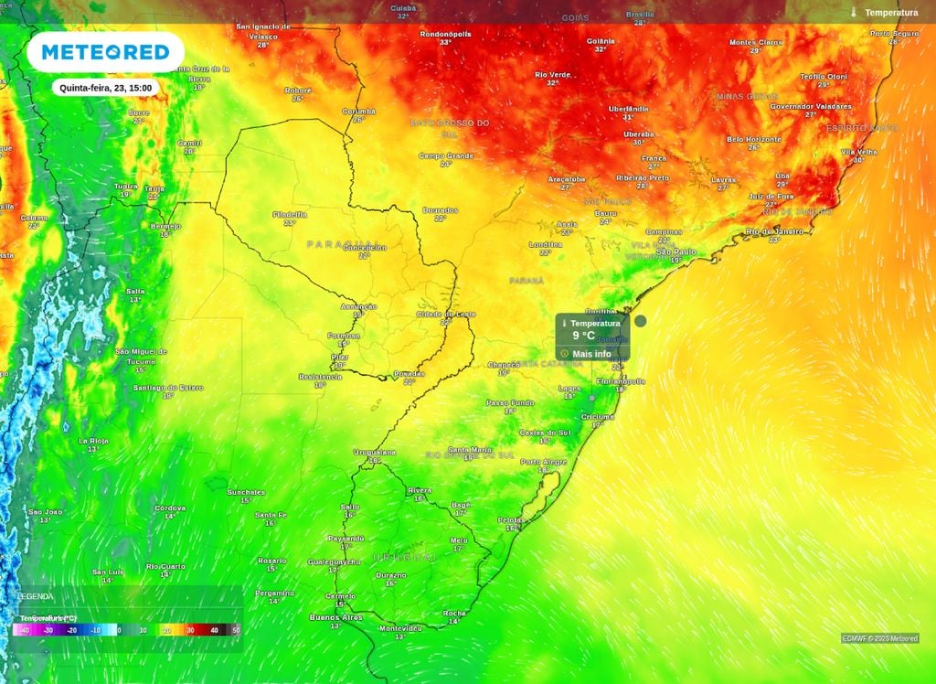 Temperatura máxima. Temperatura prevista para a tarde de quinta-feira (23), segundo o modelo ECMWF.