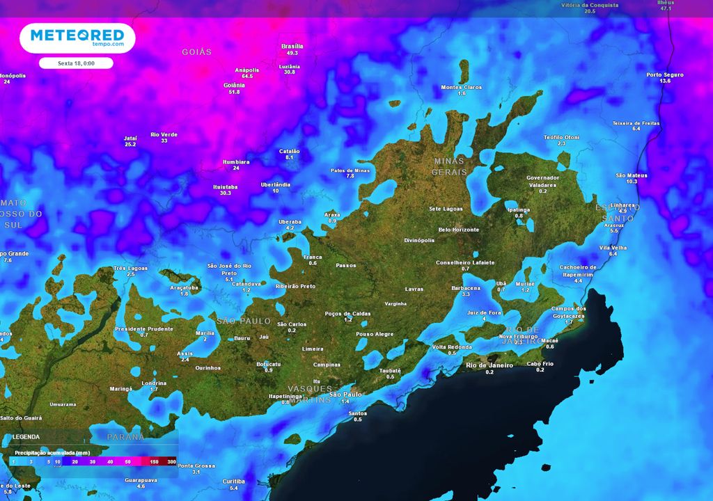 Previsão de acumulados totais de chuva até o fim da quinta-feira. Previsão de acumulados totais de chuva até o fim da quinta-feira.