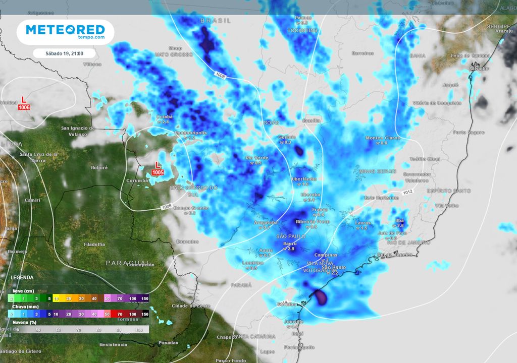 Previsão de chuvas e nebulosidade mostram tempestades retornando para o Sudeste ao longo do Sábado. Previsão de chuvas e nebulosidade mostram tempestades retornando para o Sudeste ao longo do Sábado.