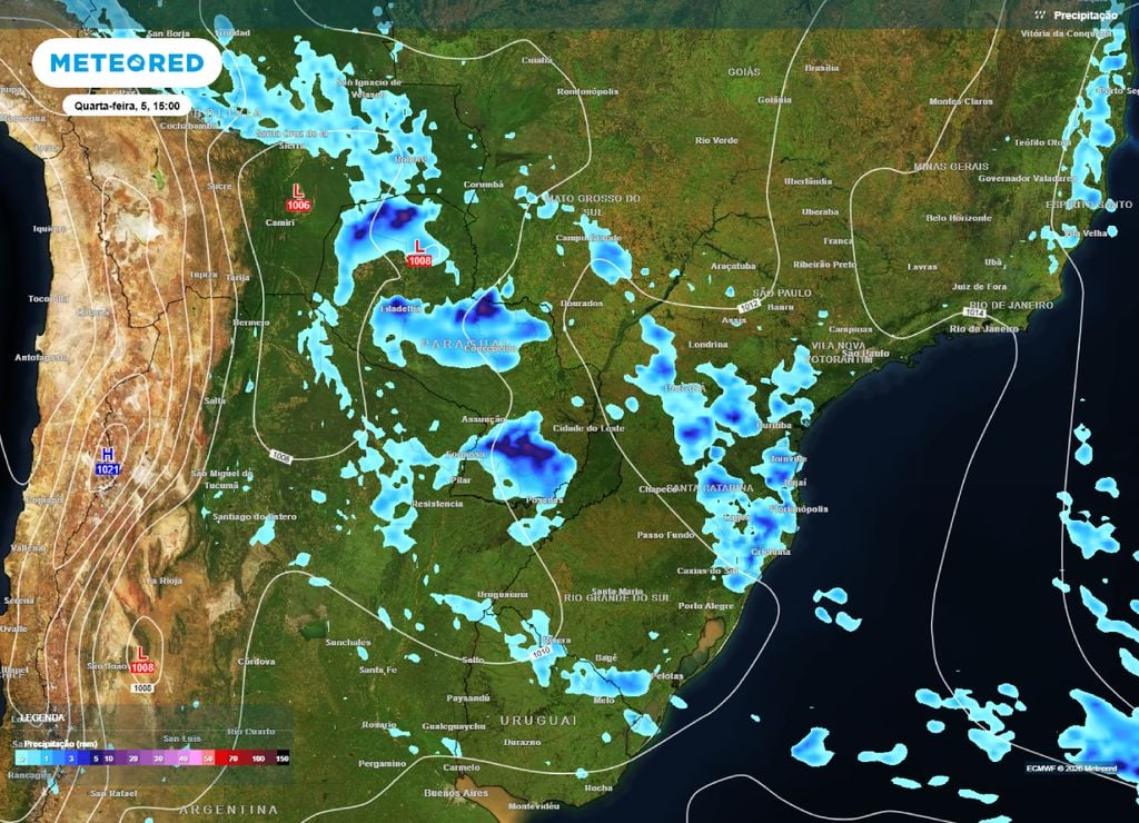 tempestades Previsão de chuva e pressão para a tarde da quarta-feira, 5 de agosto.