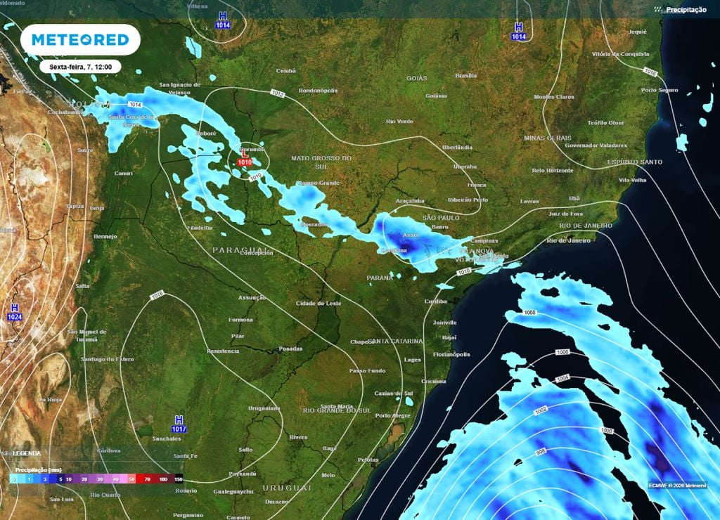 chuva Previsão de chuva e pressão para o fim da manhã e início da tarde da sexta-feira, 7 de agosto.