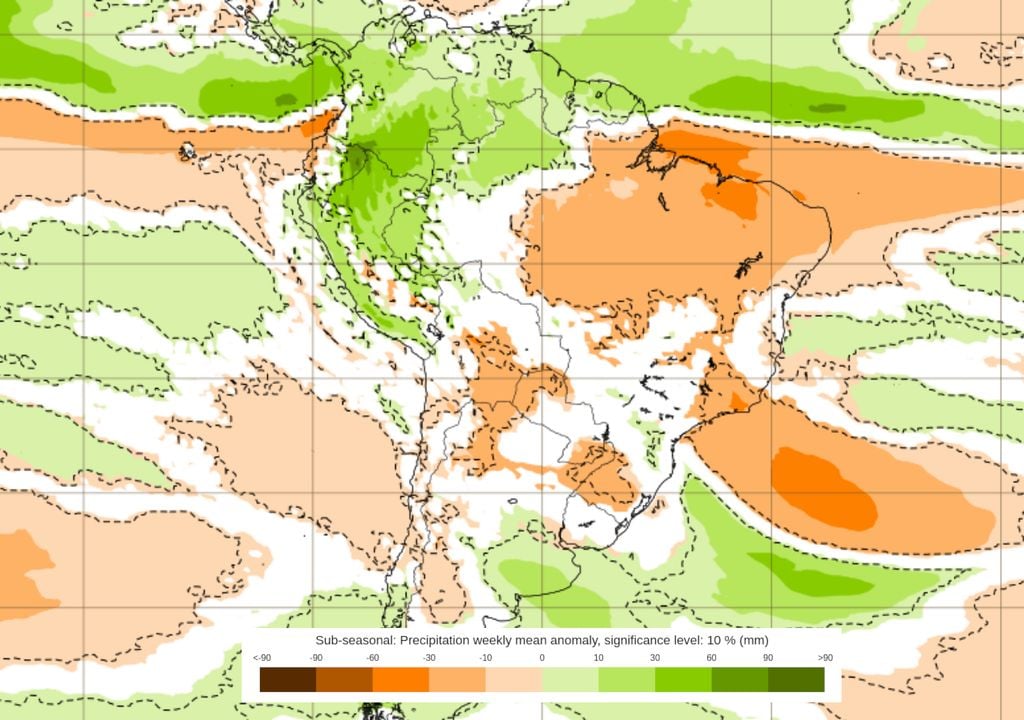 Previsão de anomalias de chuva entre os dias 12 e 19 de Janeiro.