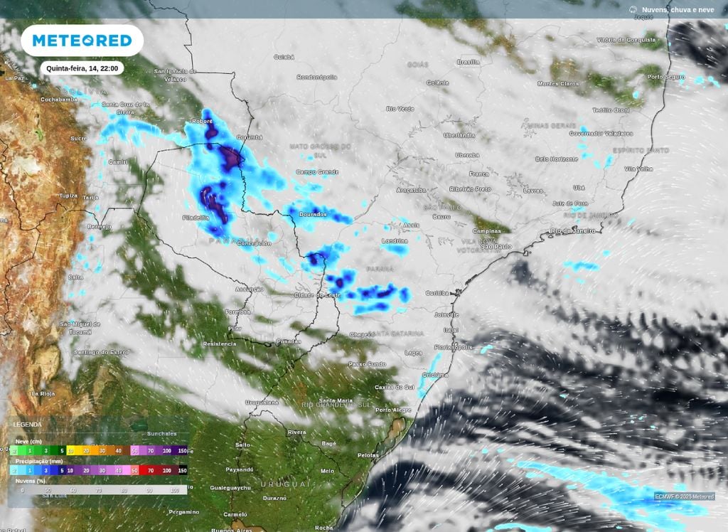 Previsão de nebulosidade e precipitação para a noite de quinta-feira (14) no Centro-Sul do Brasil, de acordo com o modelo ECMWF.