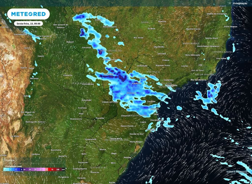 Precipitação prevista para a manhã de sexta-feira (15) mostra áreas de chuvas mais fortes sobre o sul do MS.