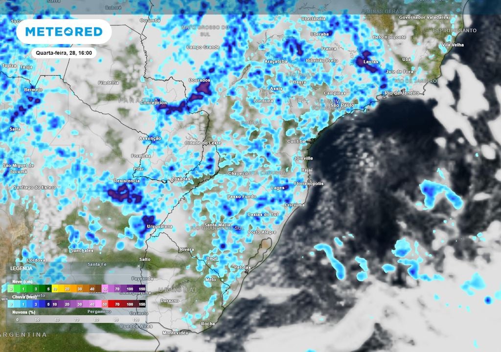 Previsão de nebulosidade e chuva nesta quarta-feira durante a tarde mostra chuvas se formando em praticamente toda a região Sul ao longo da tarde e da noite, com acumulados moderados.