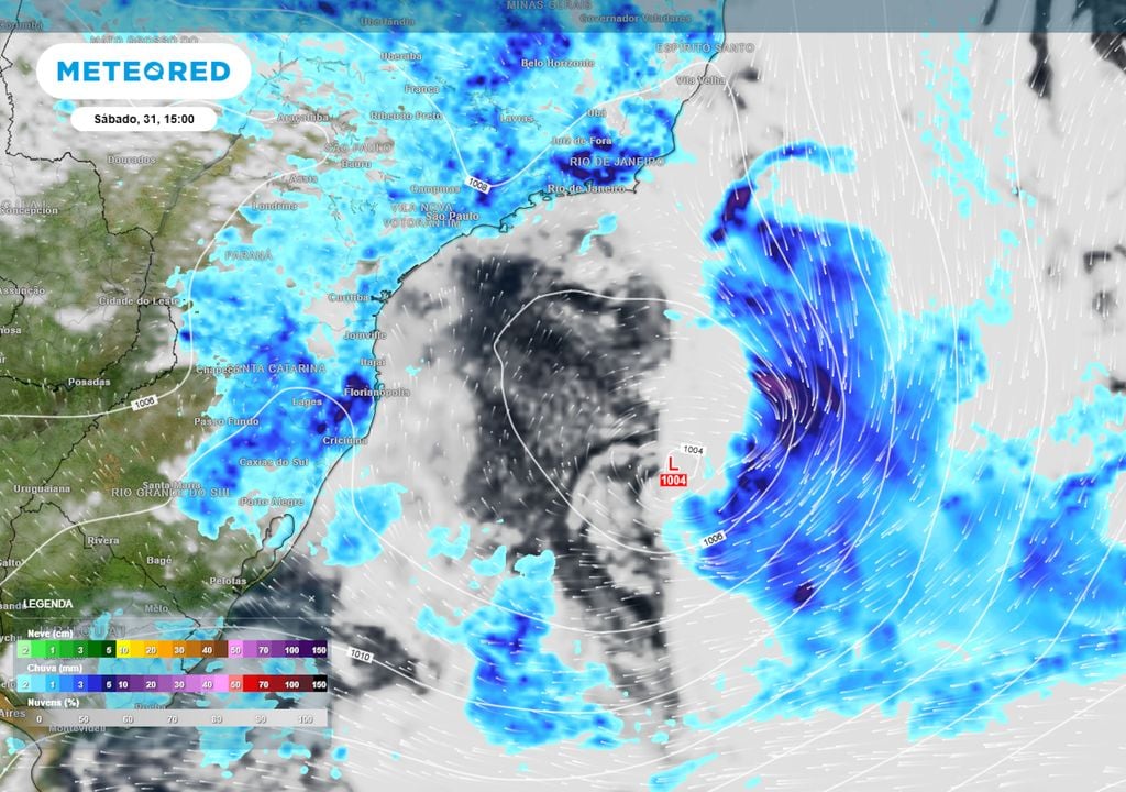 Previsão de pressão, ventos, nebulosidade e chuva no sábado durante a tarde mostra o ciclone sobre o oceano e a permanência do tempo instável na região Sul, embora as chuvas sejam mais fracas.