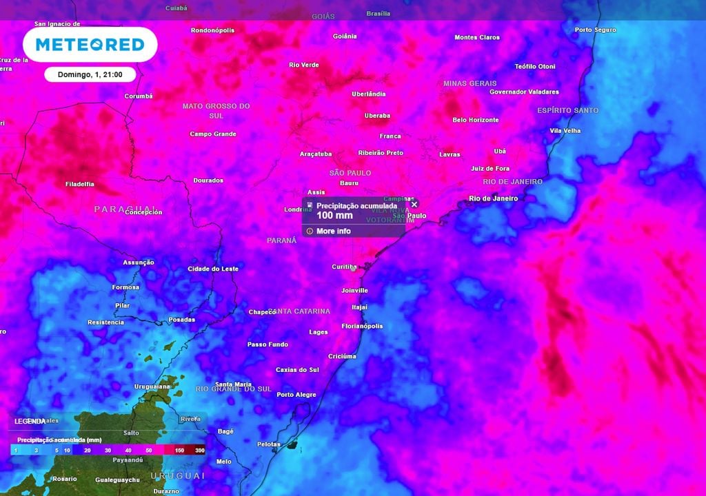 Previsão de acumulados totais de chuva até o final do domingo ilustra regiões que serão mais ou menos afetadas pela chuva ao longo dos próximos dias na região Sul, com destaque para o Paraná.