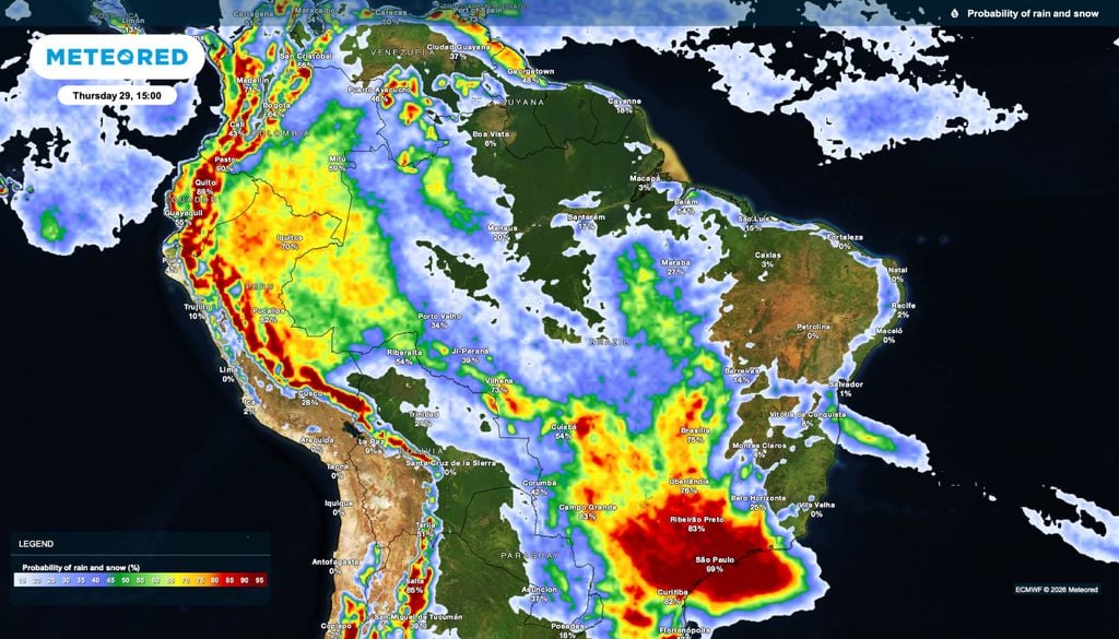 Previsão de probabilidade de chuva para quinta-feira (29) as 15 horas.