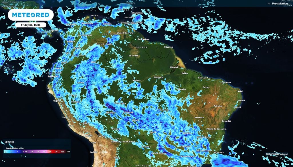 Previsão de precipitação para a tarde de sexta-feira, 30 de outubro.