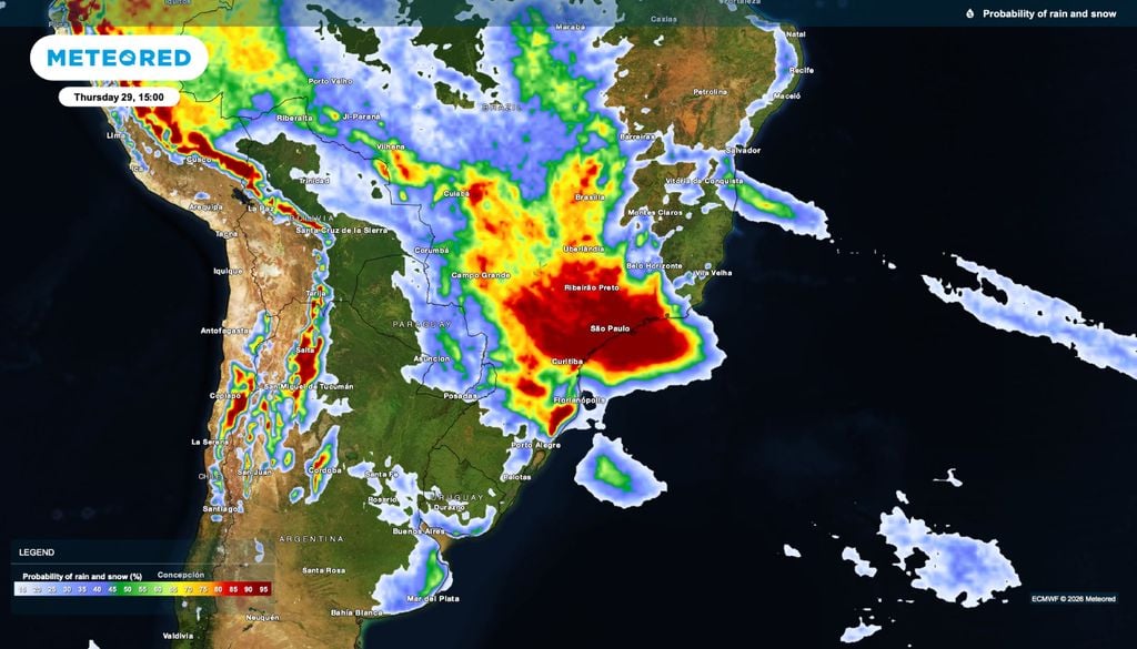 Previsão de probabilidade de chuva para quinta-feira (29).