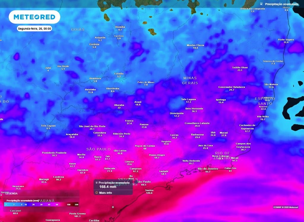 Mapa de precipitação acumulada no Sudeste do Brasil até o final da noite de domingo (25).