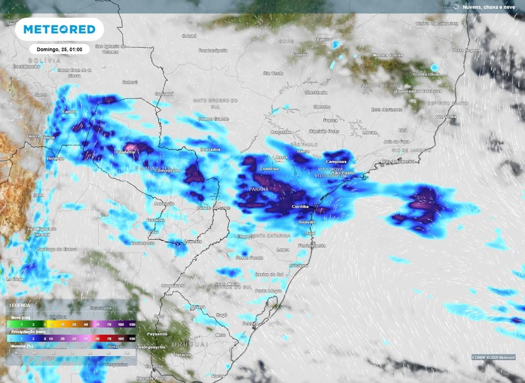Previsão do modelo ECMWF indica chuvas intensas sobre todo o Paraná, durante a madrugada de domingo (25). áreas de Santa Catarina também devem registrar chuvas intensas.