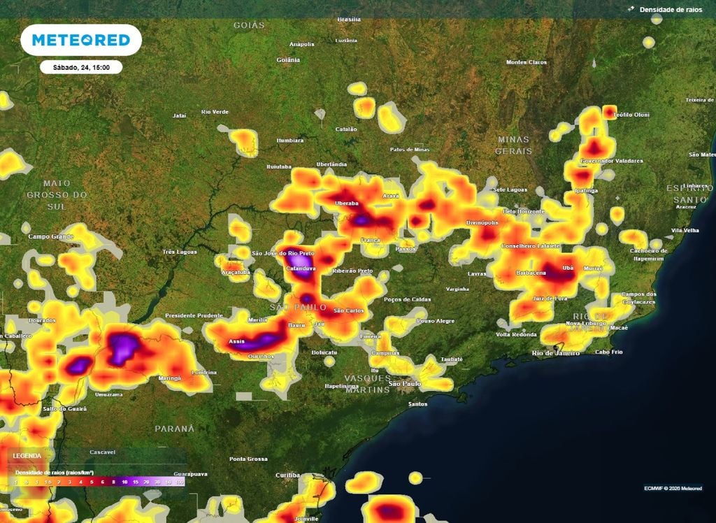 Mapa mostra áreas do Sudesten com maior potencial de tempestades neste sábado (24).