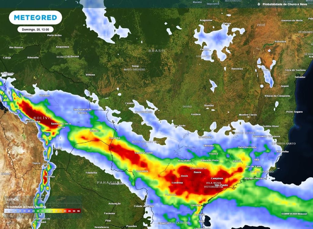 Mapa de probabilidade de chuva para o domingo (25).