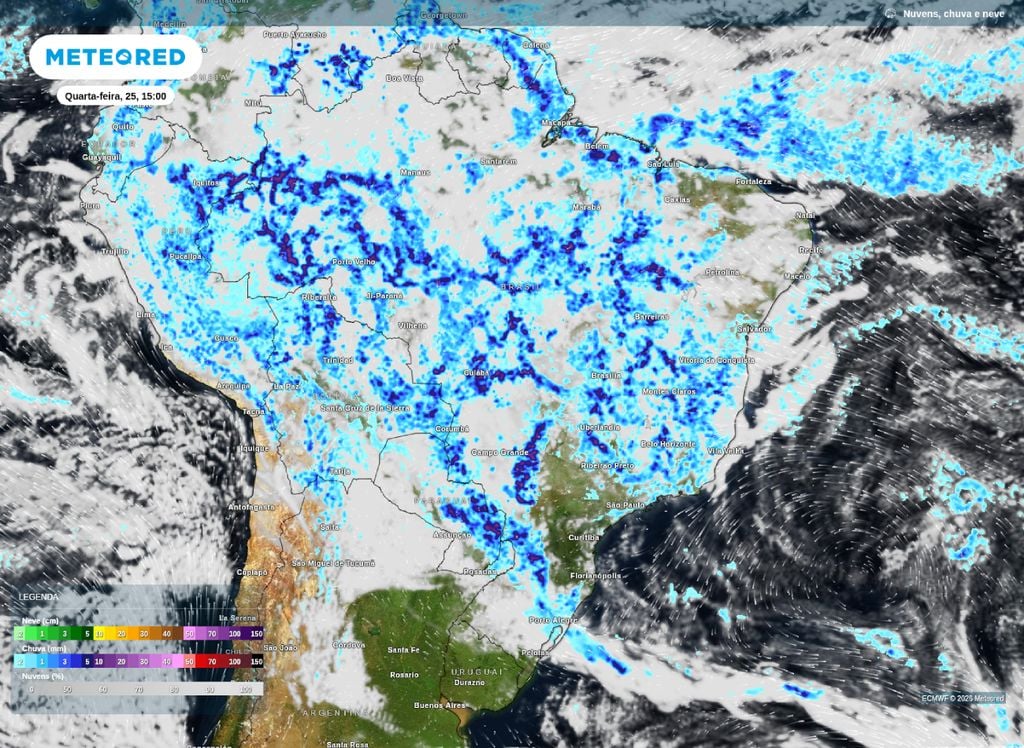 Previsão de nebulosidade e chuva durante a tarde desta quarta-feira (25). A imagem mostra riscos de chuvas intensas (roxo) espalhadas pelo Brasil.