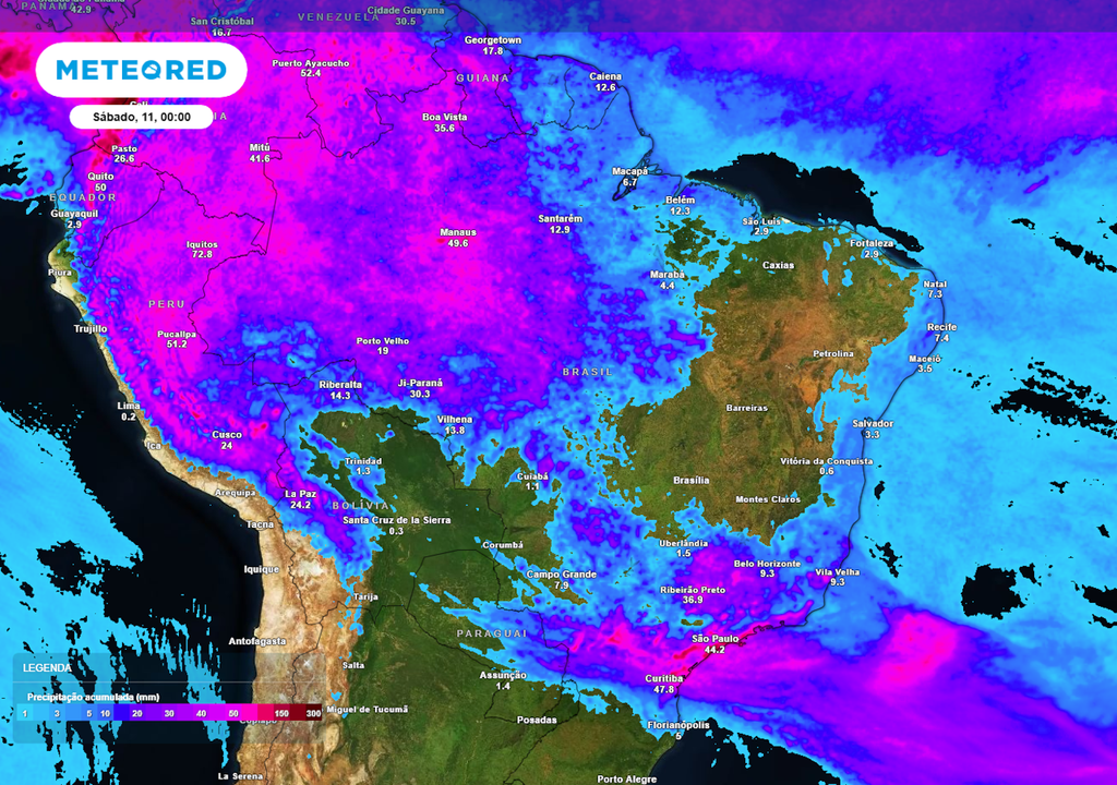 Previsão de acumulados totais de chuva até o final da sexta-feira.