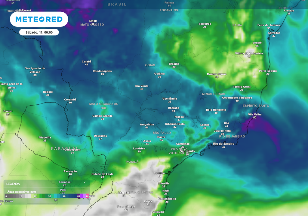 Previsão de água precipitável no final da sexta-feira.