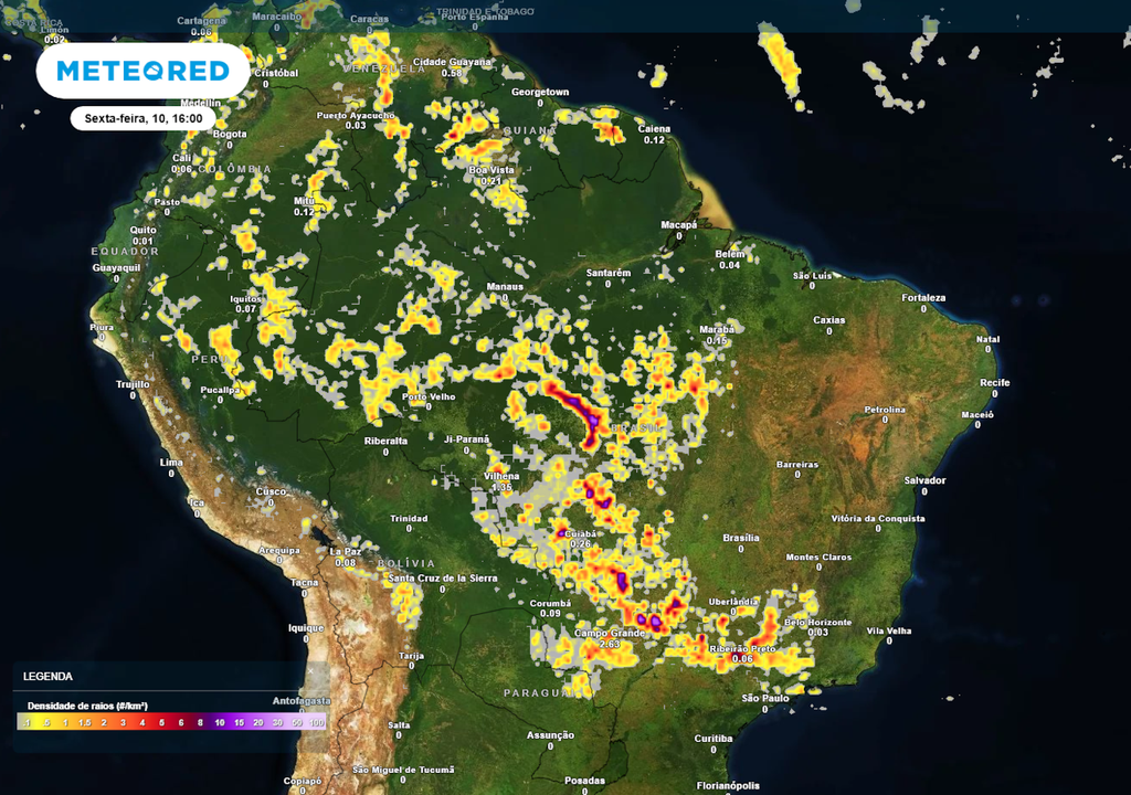 Previsão de densidade de raios na sexta-feira durante a tarde.