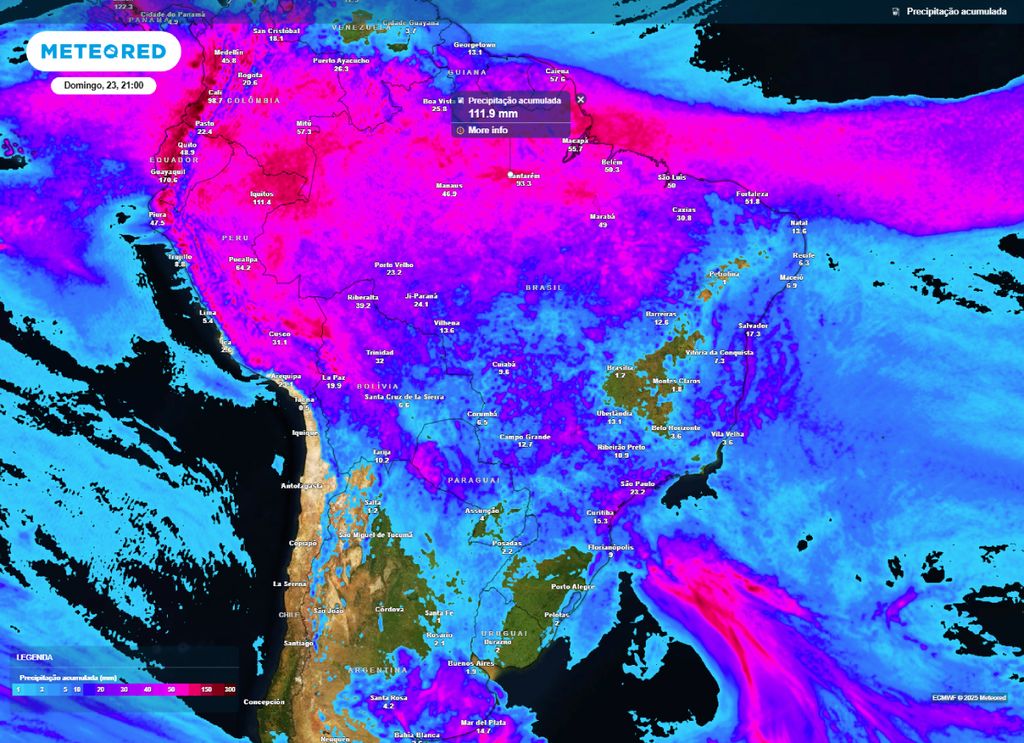 Previsão do acumulado de chuva entre a sexta-feira (21) e domingo (23).