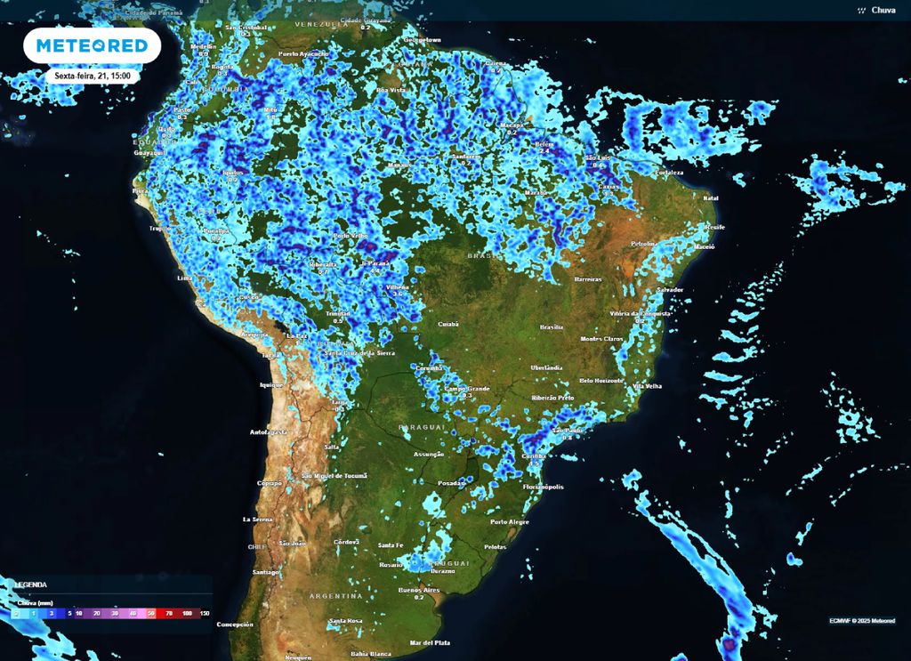 Previsão de precipitação para a tarde de sexta-feira (21), segundo o modelo ECMWF.