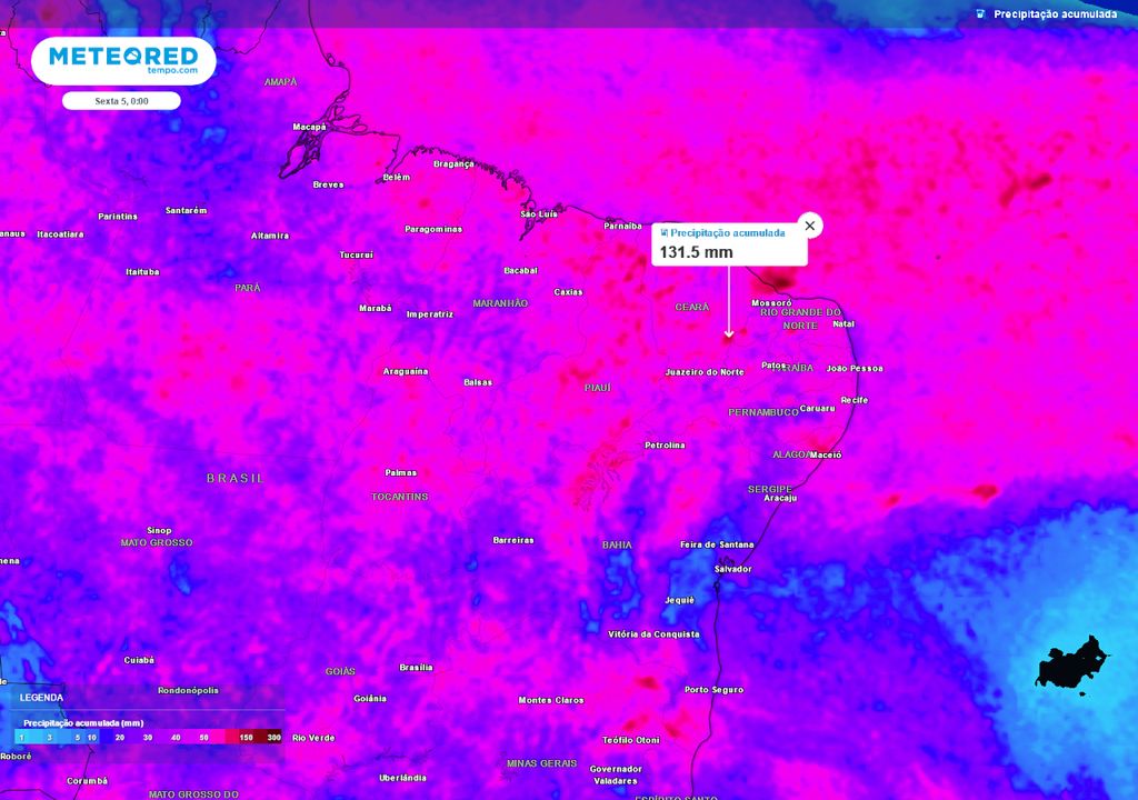 Previsão de acumulados de chuva até o final da quinta-feira (04).