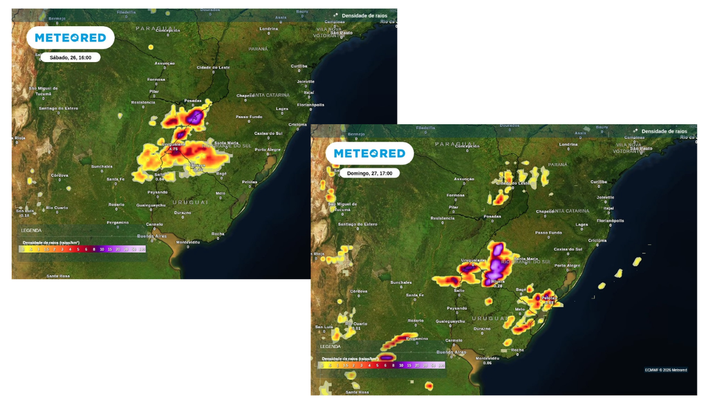 Previsão de tempestades para sábado (26, esquerda) e domingo (27, direita), segundo o ECMWF. Previsão de tempestades para sábado (26, esquerda) e domingo (27, direita), segundo o ECMWF.