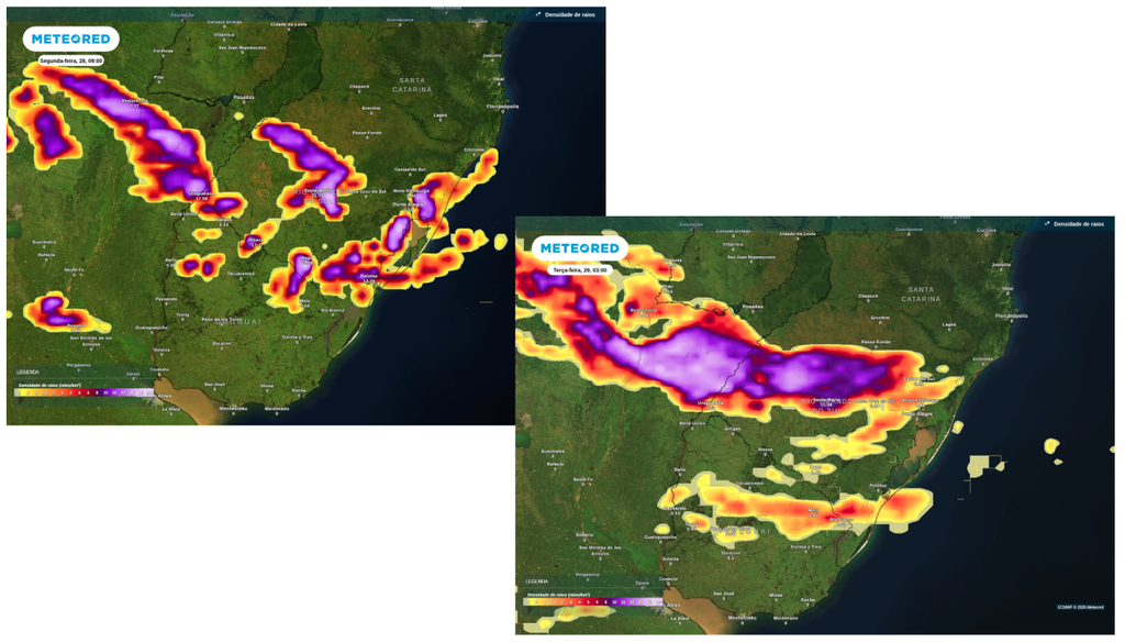 Previsão de tempestades para segunda-feira (28, esquerda) e terça-feira (29, direita), segundo o ECMWF. Previsão de tempestades para segunda-feira (28, esquerda) e terça-feira (29, direita), segundo o ECMWF.