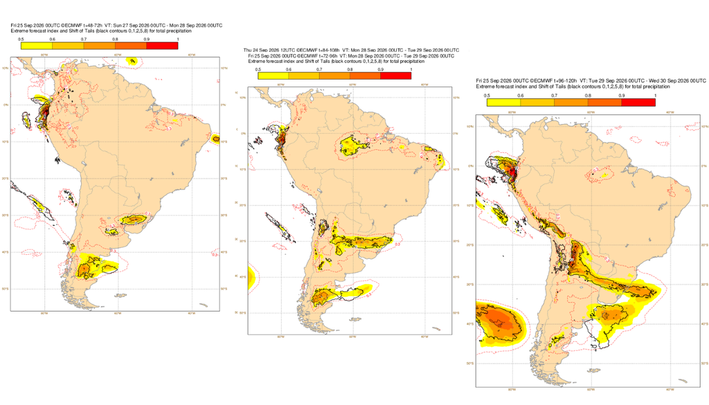 EFI do ECMWF para precipitação neste domingo (27, esquerda), segunda (28, centro) e terça-feira (29, direita). Créditos: Meteored/ECMWF. EFI do ECMWF para precipitação neste domingo (27, esquerda), segunda (28, centro) e terça-feira (29, direita). Créditos: Meteored/ECMWF.