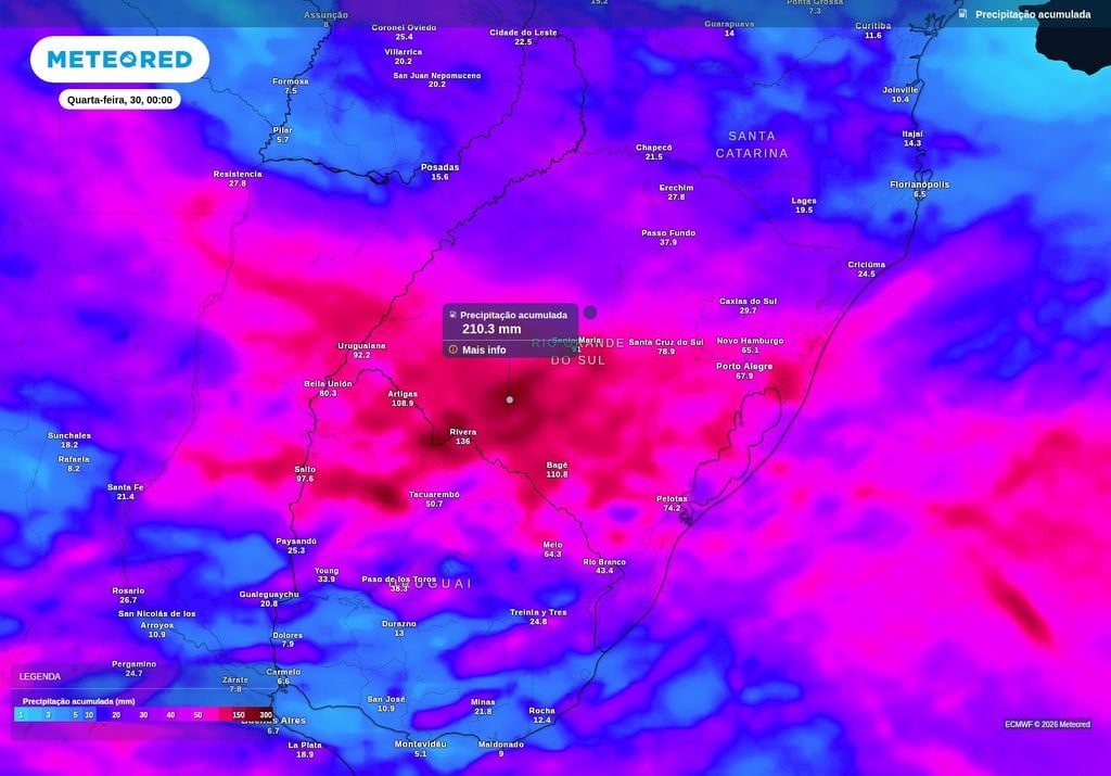 Previsão de chuva acumulada até o final da terça-feira (29), segundo o ECMWF. Previsão de chuva acumulada até o final da terça-feira (29), segundo o ECMWF.