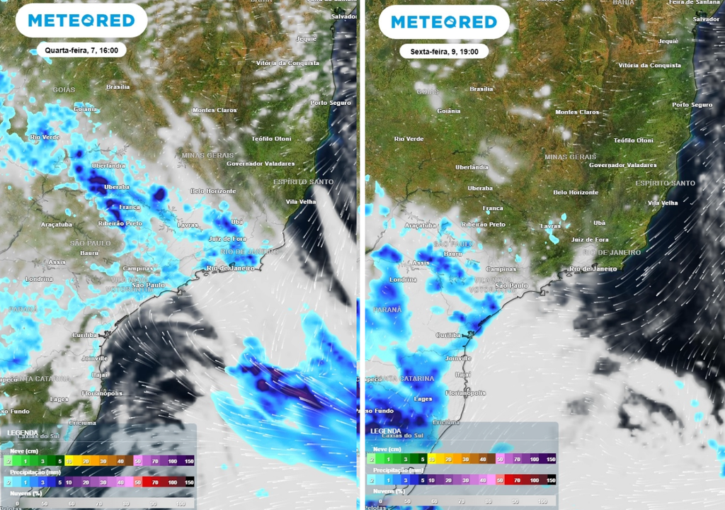 Previsão de chuva (mm) e nebulosidade (tons cinzas) para quarta-feira (7) às 16h à esquerda e sexta-feira (9) às 19h à direita, segundo o modelo europeu ECMWF.