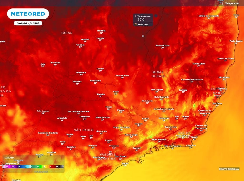Previsão da temperatura máxima do ar (em °C) para a sexta-feira (9).