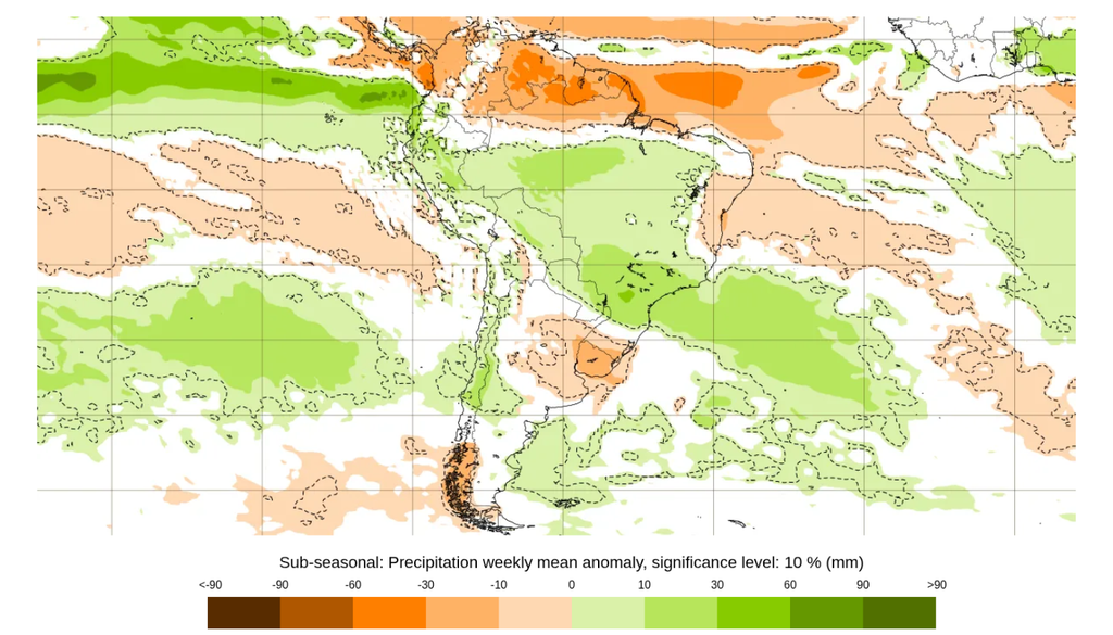 Previsão de anomalia de precipitação para a semana entre 13 e 20 de julho, segundo o ECMWF. Previsão de anomalia de precipitação para a semana entre 13 e 20 de julho, segundo o ECMWF.