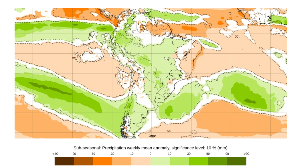 Previsão de anomalia de precipitação para a semana entre 6 e 13 de julho, segundo o ECMWF. Previsão de anomalia de precipitação para a semana entre 6 e 13 de julho, segundo o ECMWF.