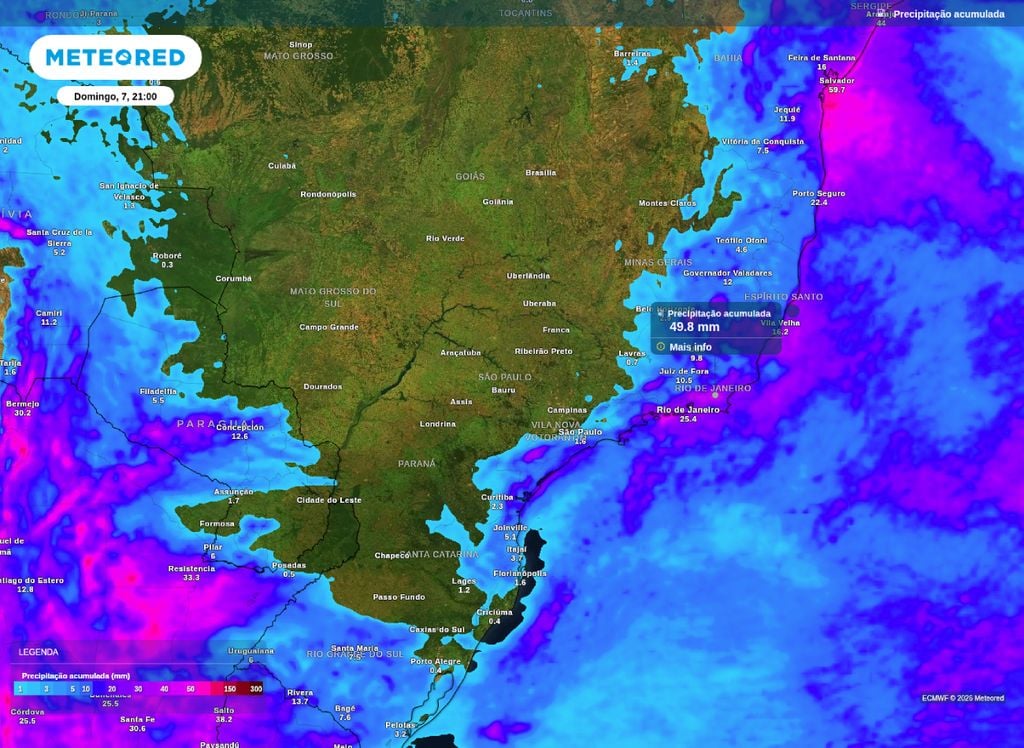 Precipitação acumulada. Precipitação acumulada prevista entre quarta (3) e domingo (7), mostra áreas do Sudeste com volumes de chuva próximos a 50 mm.
