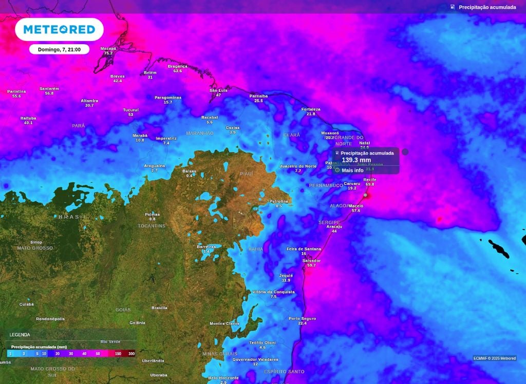 Precipitação Acumulada. Precipitação acumulada prevista entre quarta (3) e domingo (7), mostra áreas do Norte e Nordeste com volumes de chuva que podem superar os 130 mm entre AL e PE.