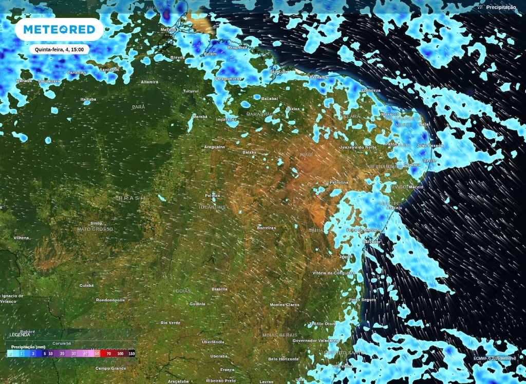 Chuva. Precipitação prevista para a tarde desta quinta-feira (4) em áreas do Norte e Nordeste do Brasil.