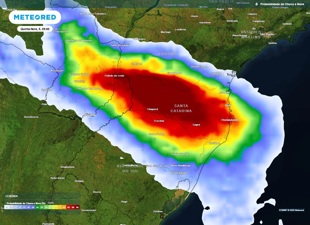 Mapa de probabilidade de precipitação para a manhã de quinta-feira (06), segundo o modelo ECMWF.