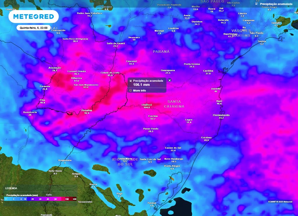 Mapa de precipitação acumulada entre terça (03) e quinta-feira (05), segundo o modelo ECMWF.