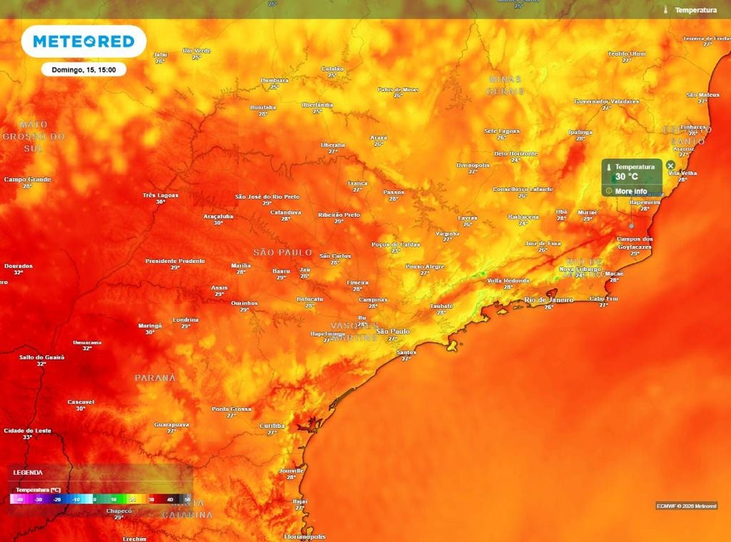 Previsão de temperatura máxima (em °C) para domingo (15) à tarde (15h), segundo o modelo europeu ECMWF.