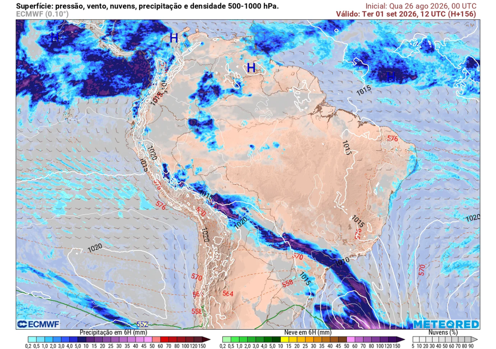Previsão de chuva relacionada à frente fria para terça-feira (1°), segundo o ECMWF. Previsão de chuva relacionada à frente fria para terça-feira (1°), segundo o ECMWF.