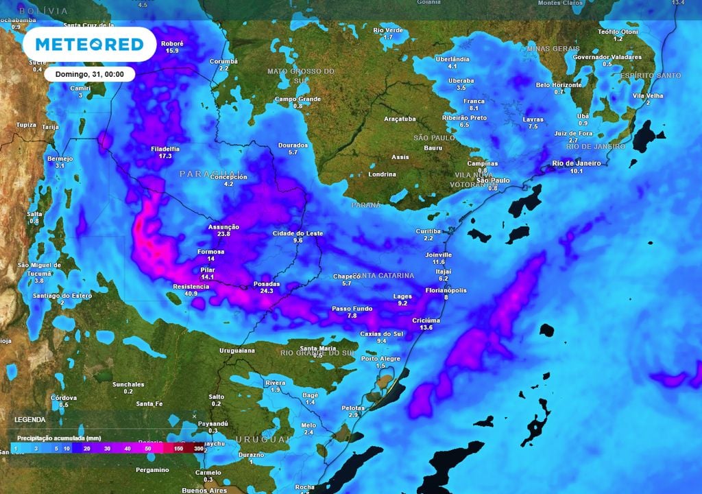 Previsão de acumulados totais de chuva até o final do sábado. Previsão de acumulados totais de chuva até o final do sábado mostra que os volumes podem chegar a 50 mm entre a sexta e o sábado, com os maiores acumulados no norte do RS.