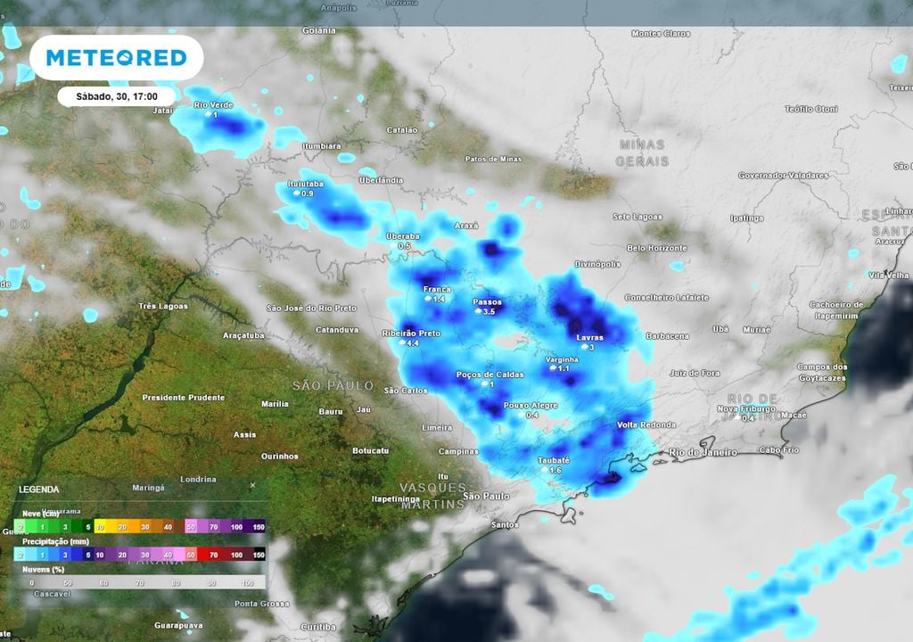 Previsão de nebulosidade e chuva no sábado durante a tarde. Previsão de nebulosidade e chuva no sábado durante a tarde mostra o sistema ocasionando chuvas entre o leste de SP, oeste de MG e sul do RJ, causando transtornos.