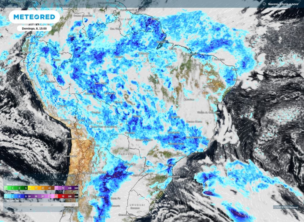Chuva prevista para a tarde deste domingo (8), segundo o modelo ECMWF.