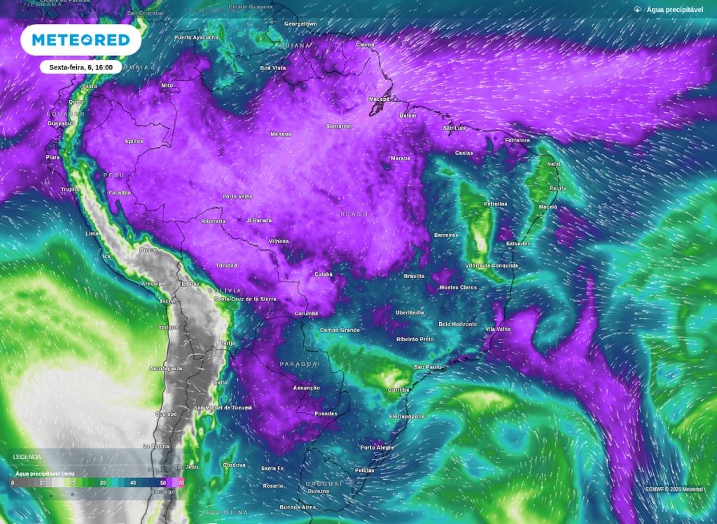 Água precipitável para a tarde desta sexta-feira (6), segundo o modelo ECMWF.