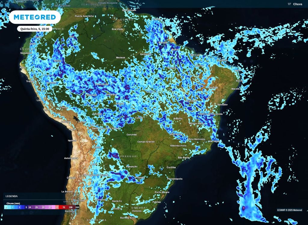 Chuva prevista para a tarde desta quinta-feira (5), segundo o modelo ECMWF.