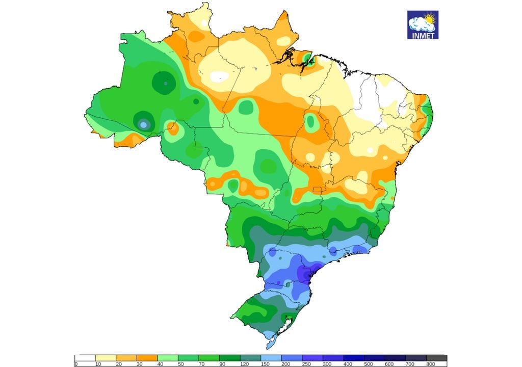Acumulados totais de chuva registrados pelo INMET nos últimos 30 dias mostram que as chuvas foram particularmente volumosas entre estados do Sul e do Sudeste, causando transtornos.