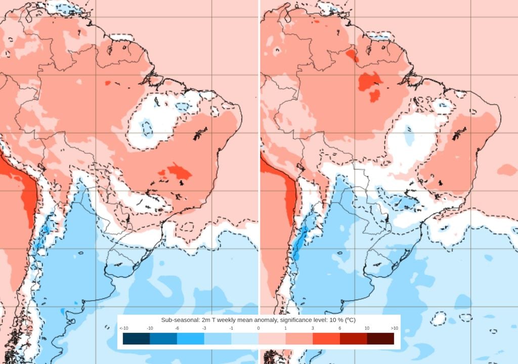 Previsão de anomalias de temperatura entre os dias 28/09 a 05/10 (esquerda) e 05/10 a 12/10 (direita) mostram um retorno gradual do frio para o sul do país, com novas massas de ar frio.